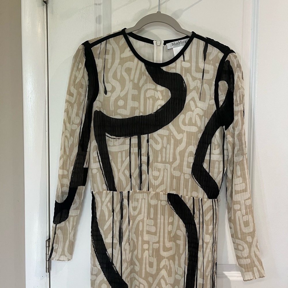 Max Mara Bina Long Sleeve Textured Chiffon Day to Dinner Dress Sz 10 Cream/Black - Picture 8 of 15